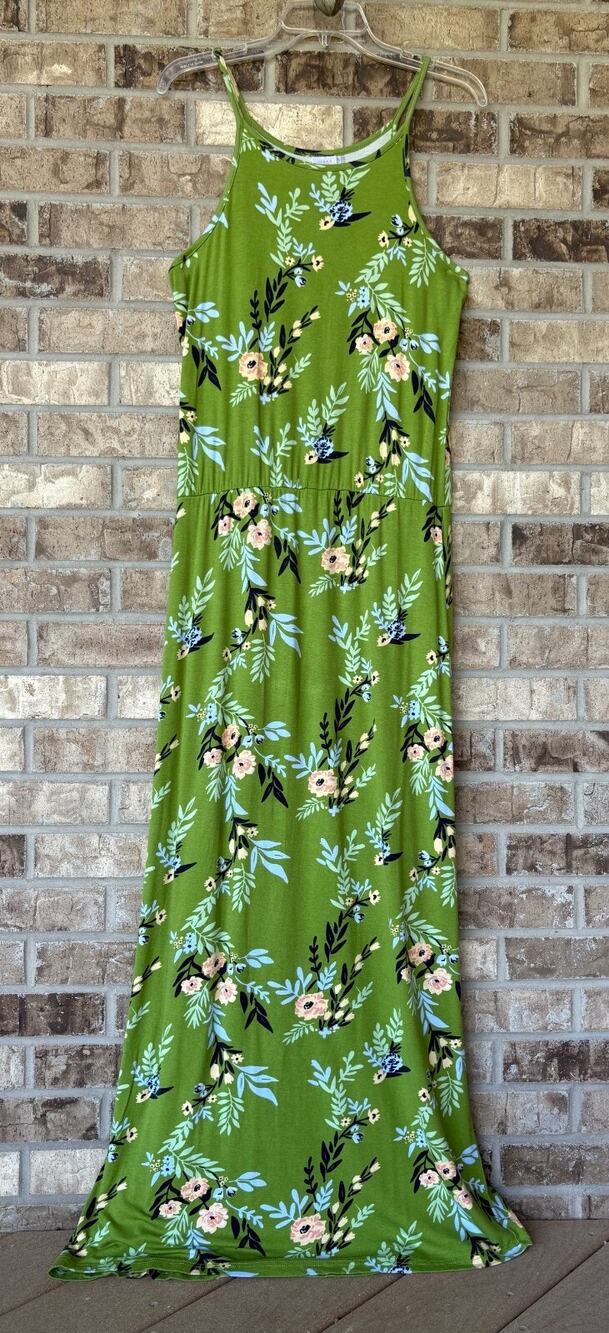 Maxi Floral Dress Sleeveless Coastal Tropical Print MEDIUM Beachy Vacation Sun